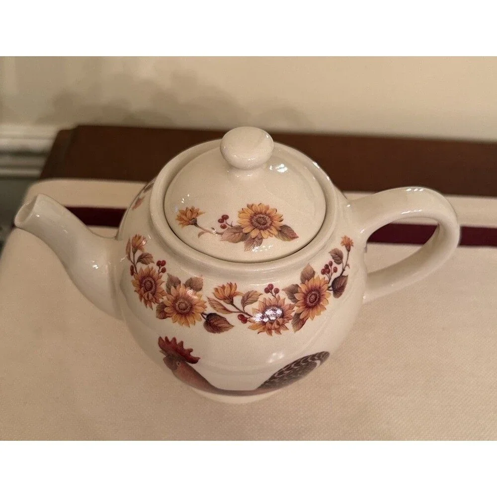 Vintage Martha Vaughn Lily Creek Teapot Hand-painted Rooster Sunflower Motif.